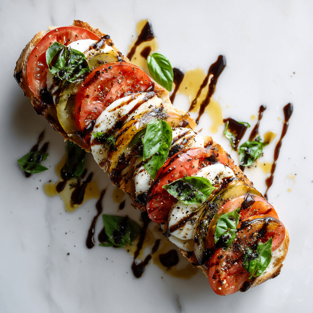 A quick Caprese sandwich featuring fresh mozzarella, heirloom tomatoes, and basil, perfect for a casual meal. Easy to assemble and delicious!
