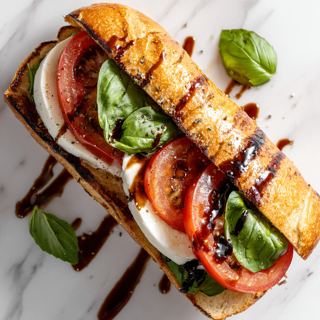 A quick Caprese sandwich featuring fresh mozzarella, heirloom tomatoes, and basil, perfect for a casual meal. Easy to assemble and delicious!