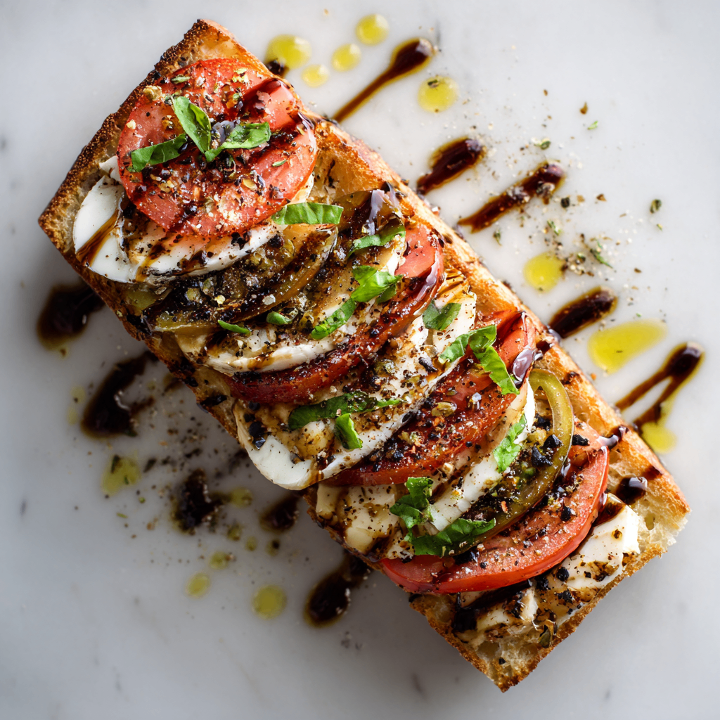 A quick Caprese sandwich featuring fresh mozzarella, heirloom tomatoes, and basil, perfect for a casual meal. Easy to assemble and delicious!