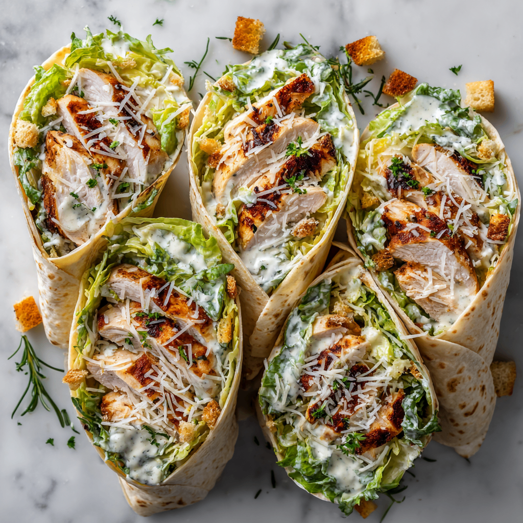 Quick and Flavorful Chicken Caesar Salad Wraps Delicious Chicken Caesar Salad Wraps featuring grilled chicken, crisp romaine, and creamy dressing, perfect for busy days and holiday meals.