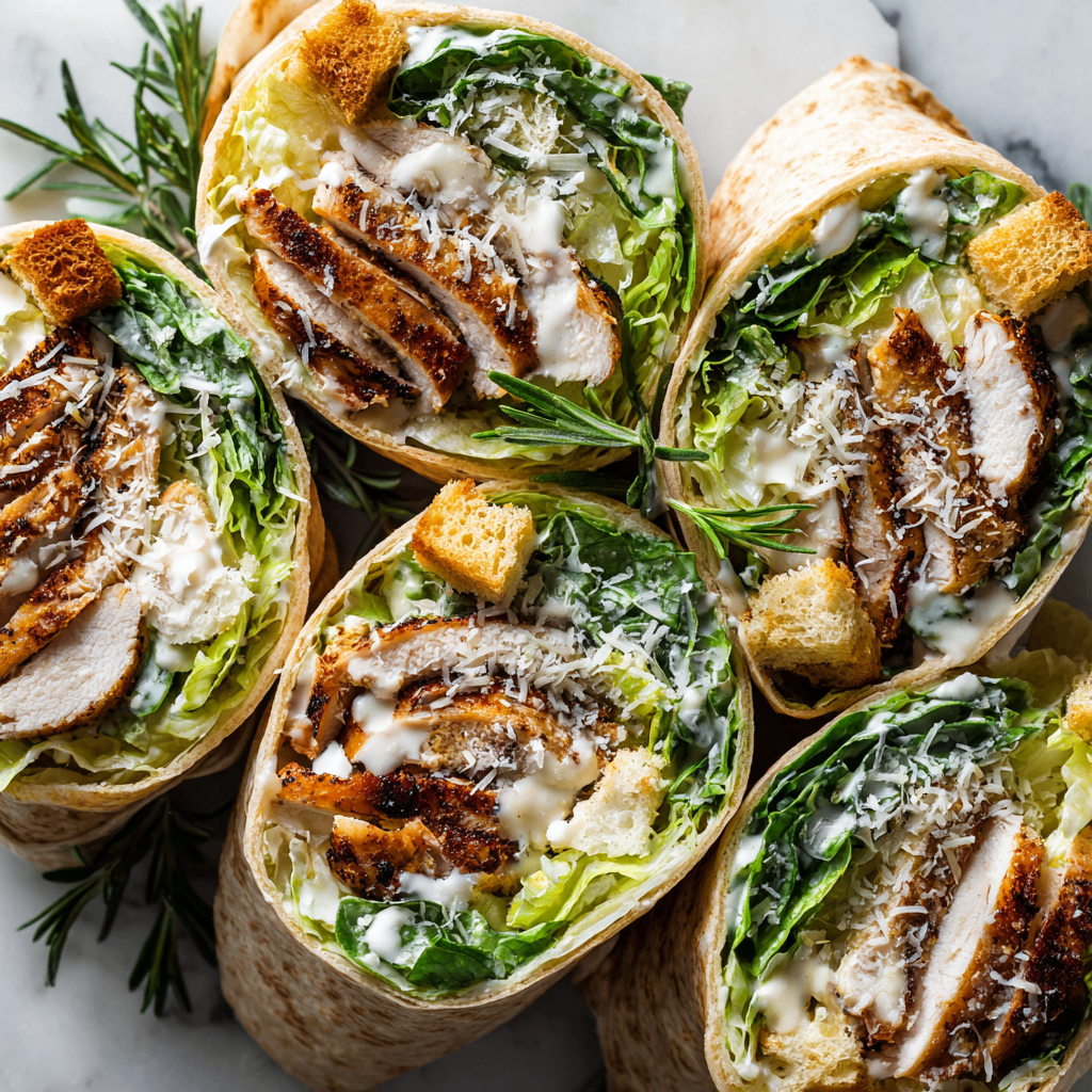 Quick and Flavorful Chicken Caesar Salad Wraps Delicious Chicken Caesar Salad Wraps featuring grilled chicken, crisp romaine, and creamy dressing, perfect for busy days and holiday meals.