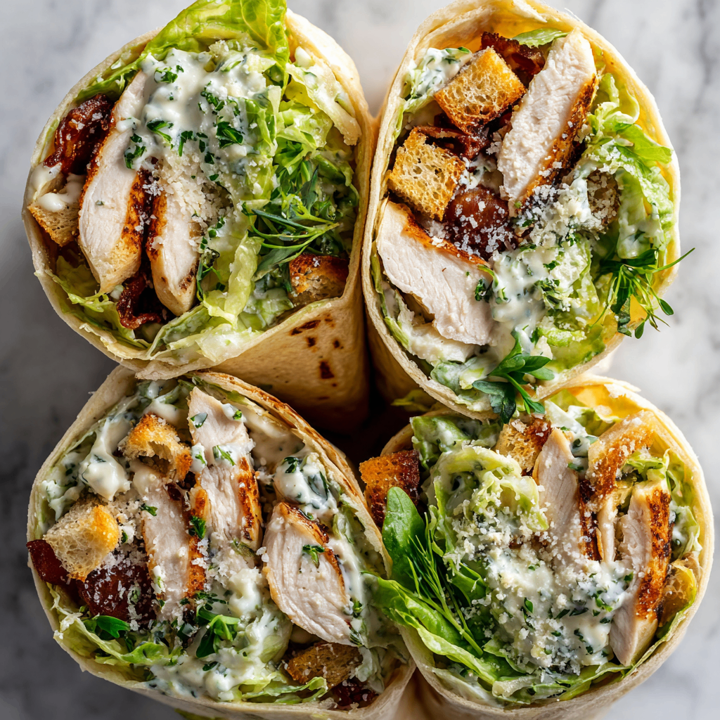 Quick and Flavorful Chicken Caesar Salad Wraps Delicious Chicken Caesar Salad Wraps featuring grilled chicken, crisp romaine, and creamy dressing, perfect for busy days and holiday meals.