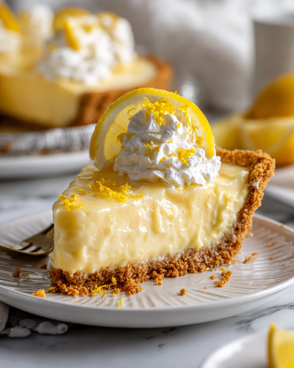 Refreshing Easy Lemon Pudding Pie Recipe Easy Lemon Pudding Pie with creamy lemon filling, buttery crust, chilled dessert for holidays, perfect pie recipe for festive gatherings.