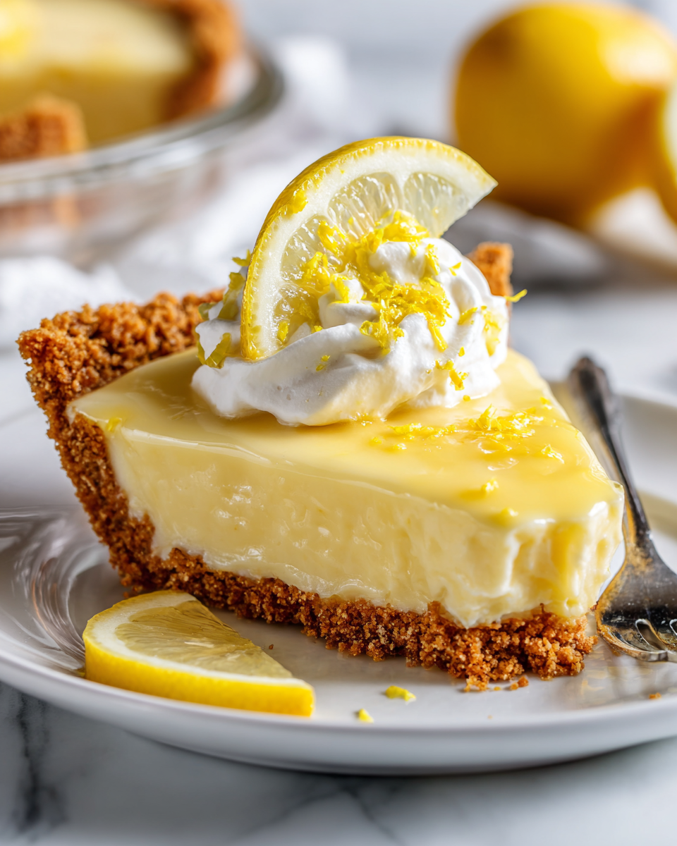 Refreshing Easy Lemon Pudding Pie Recipe Easy Lemon Pudding Pie with creamy lemon filling, buttery crust, chilled dessert for holidays, perfect pie recipe for festive gatherings.