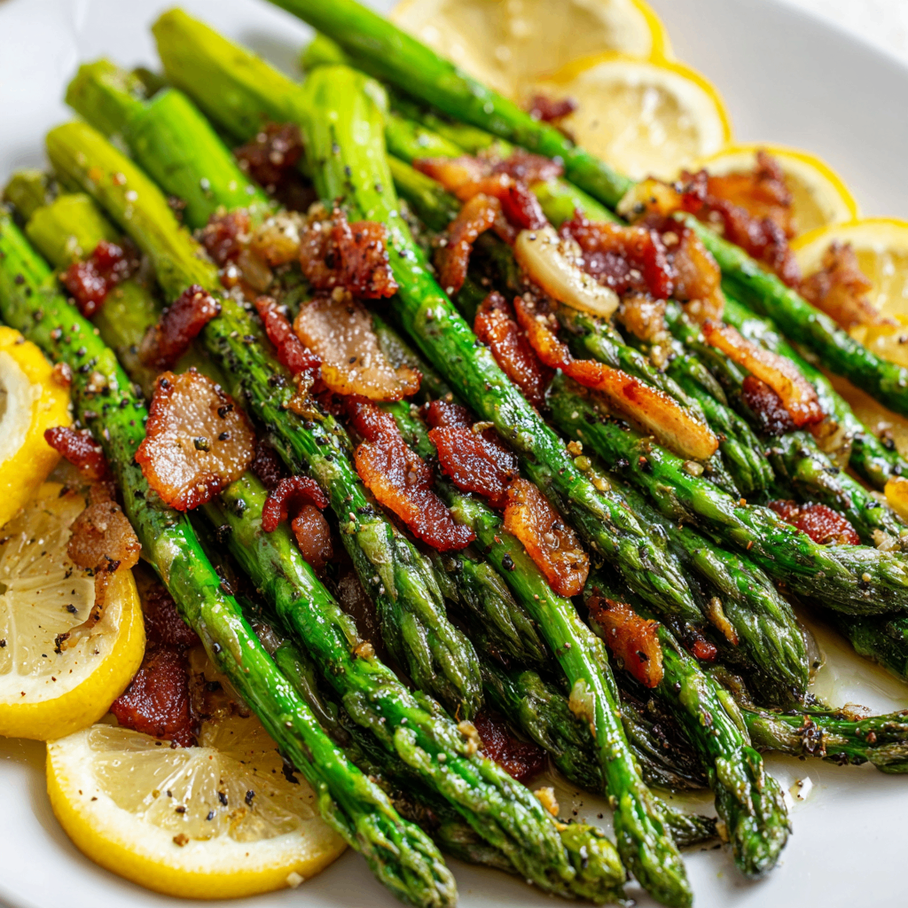 Sautéed Garlic Asparagus with Bacon Sautéed garlic asparagus with crispy bacon in a skillet, quick side dish for holidays, vibrant and delicious, perfect for festive gatherings, easy recipe