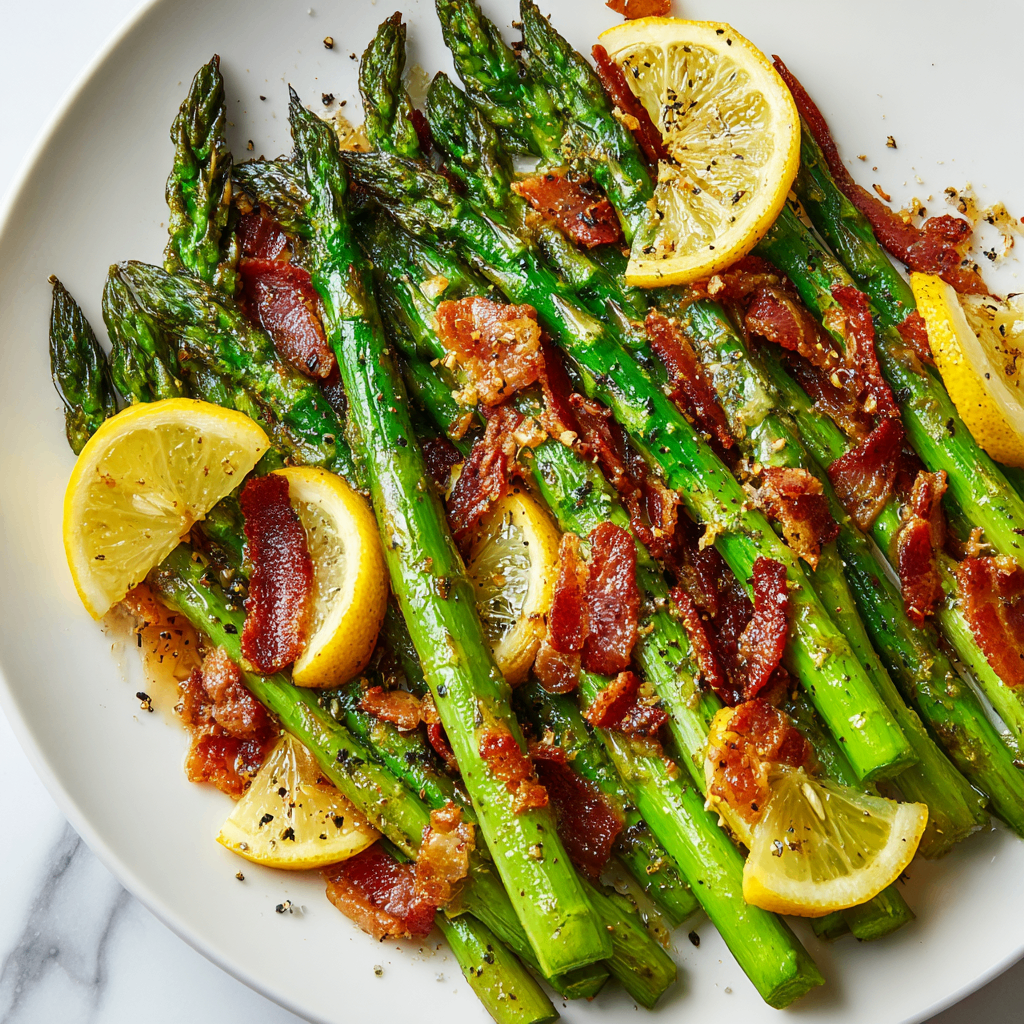 Sautéed Garlic Asparagus with Bacon Sautéed garlic asparagus with crispy bacon in a skillet, quick side dish for holidays, vibrant and delicious, perfect for festive gatherings, easy recipe