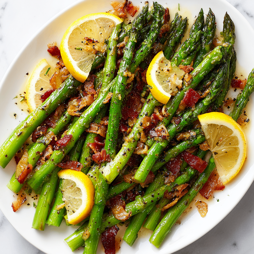 Sautéed Garlic Asparagus with Bacon Sautéed garlic asparagus with crispy bacon in a skillet, quick side dish for holidays, vibrant and delicious, perfect for festive gatherings, easy recipe