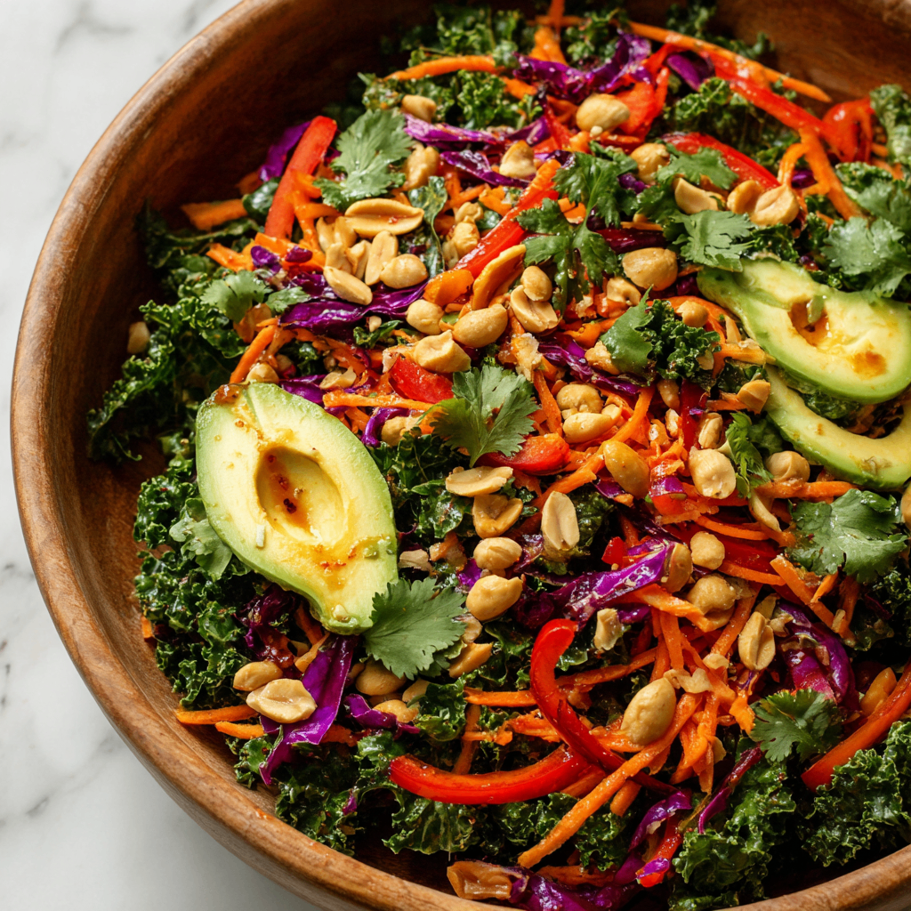 Vibrant Asian Kale Ginger Peanut Salad A colorful Asian Kale Ginger Peanut Salad with crunchy kale, carrots, and ginger dressing topped with roasted peanuts, perfect for gatherings.