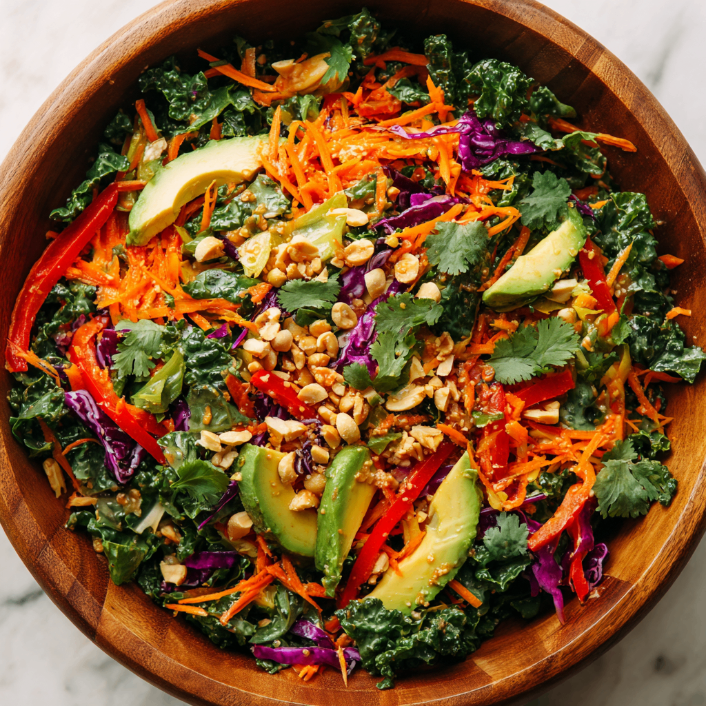 Vibrant Asian Kale Ginger Peanut Salad A colorful Asian Kale Ginger Peanut Salad with crunchy kale, carrots, and ginger dressing topped with roasted peanuts, perfect for gatherings.