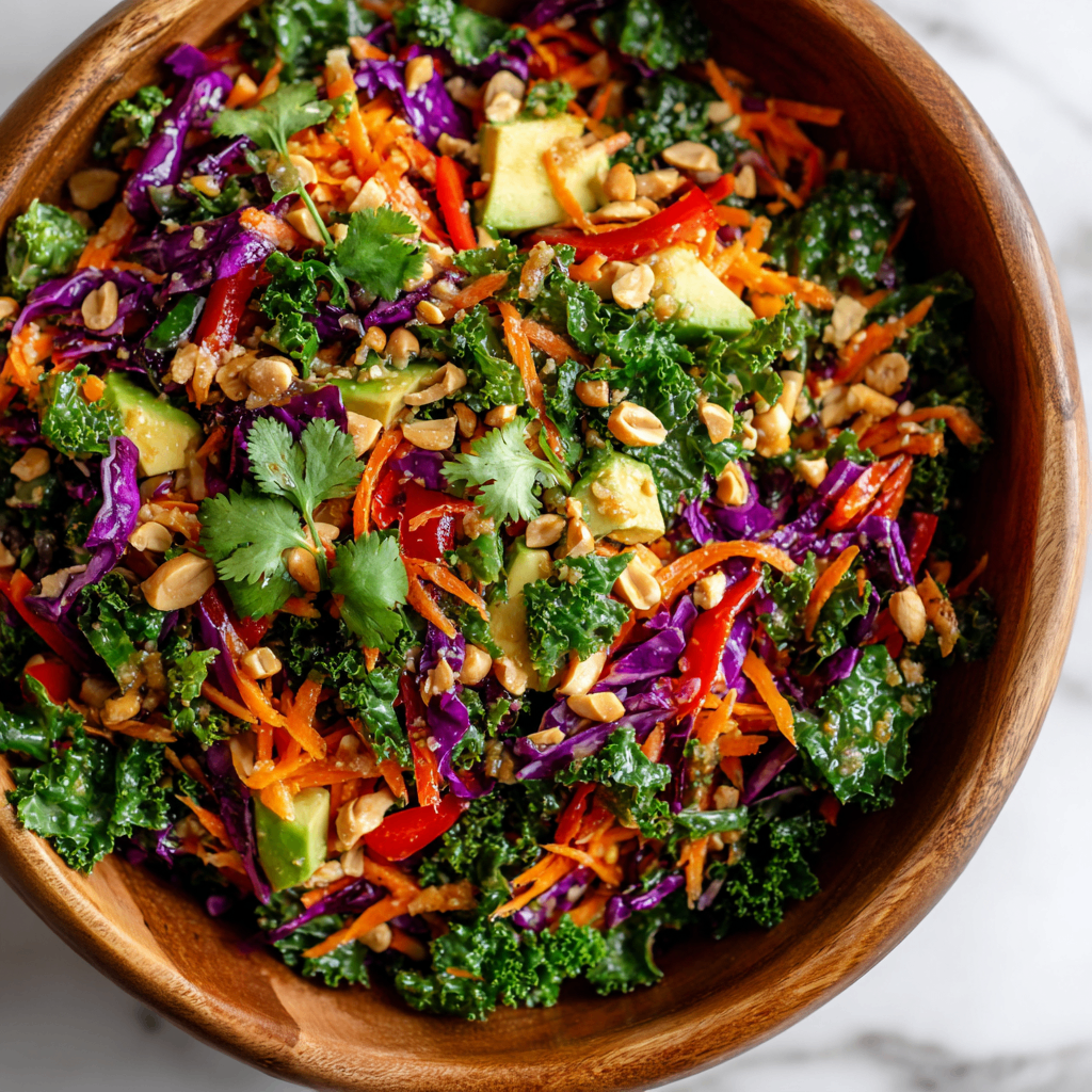 Vibrant Asian Kale Ginger Peanut Salad A colorful Asian Kale Ginger Peanut Salad with crunchy kale, carrots, and ginger dressing topped with roasted peanuts, perfect for gatherings.