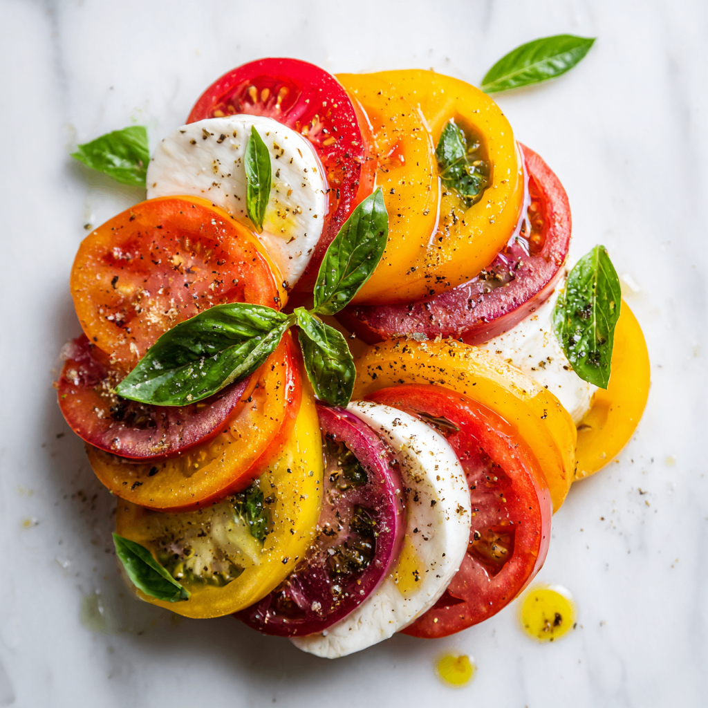 Vibrant Caprese Salad with ripe tomatoes, fresh mozzarella, and basil, perfect for summer and holidays.