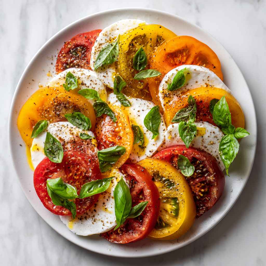 Vibrant Caprese Salad with ripe tomatoes, fresh mozzarella, and basil, perfect for summer and holidays.