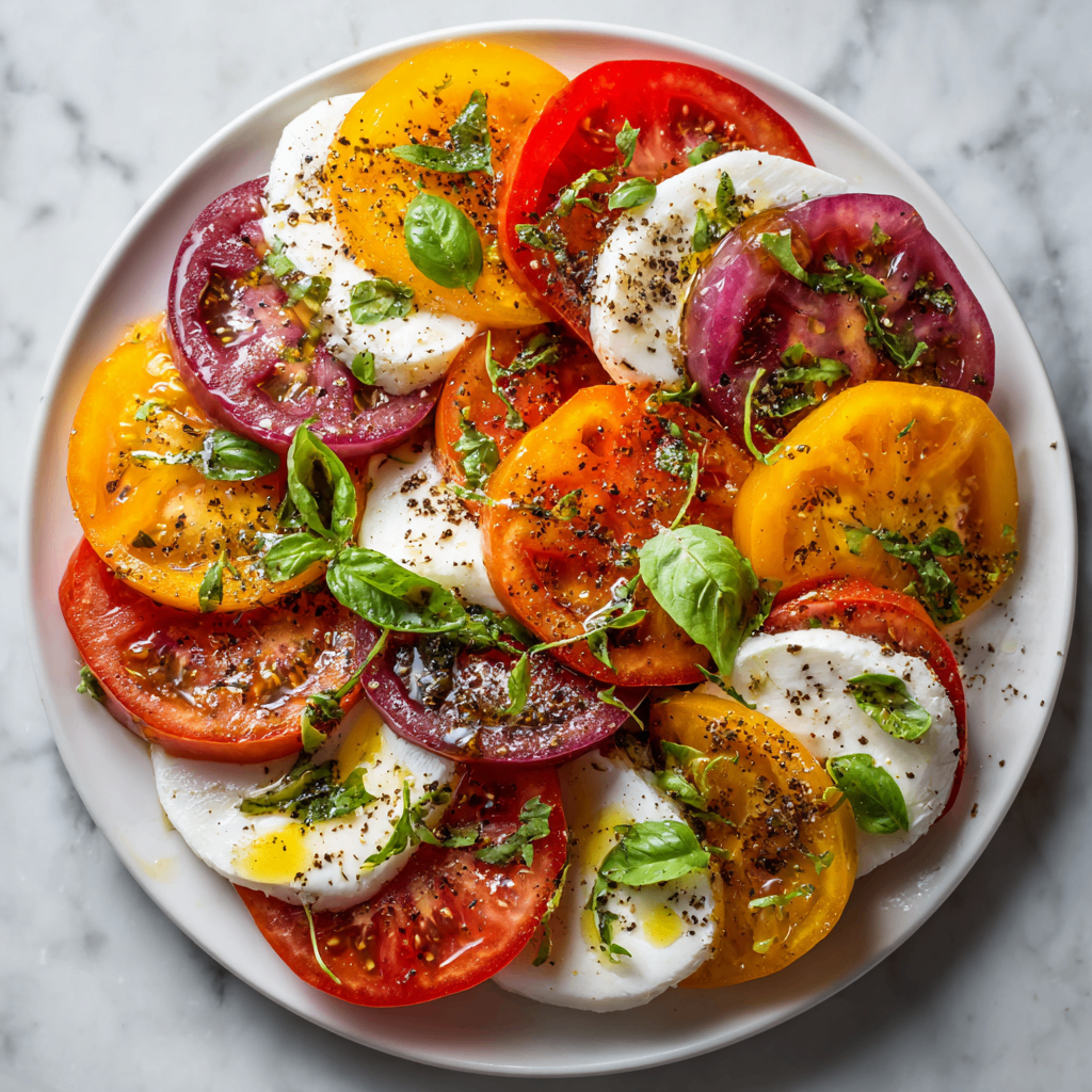 Vibrant Caprese Salad with ripe tomatoes, fresh mozzarella, and basil, perfect for summer and holidays.