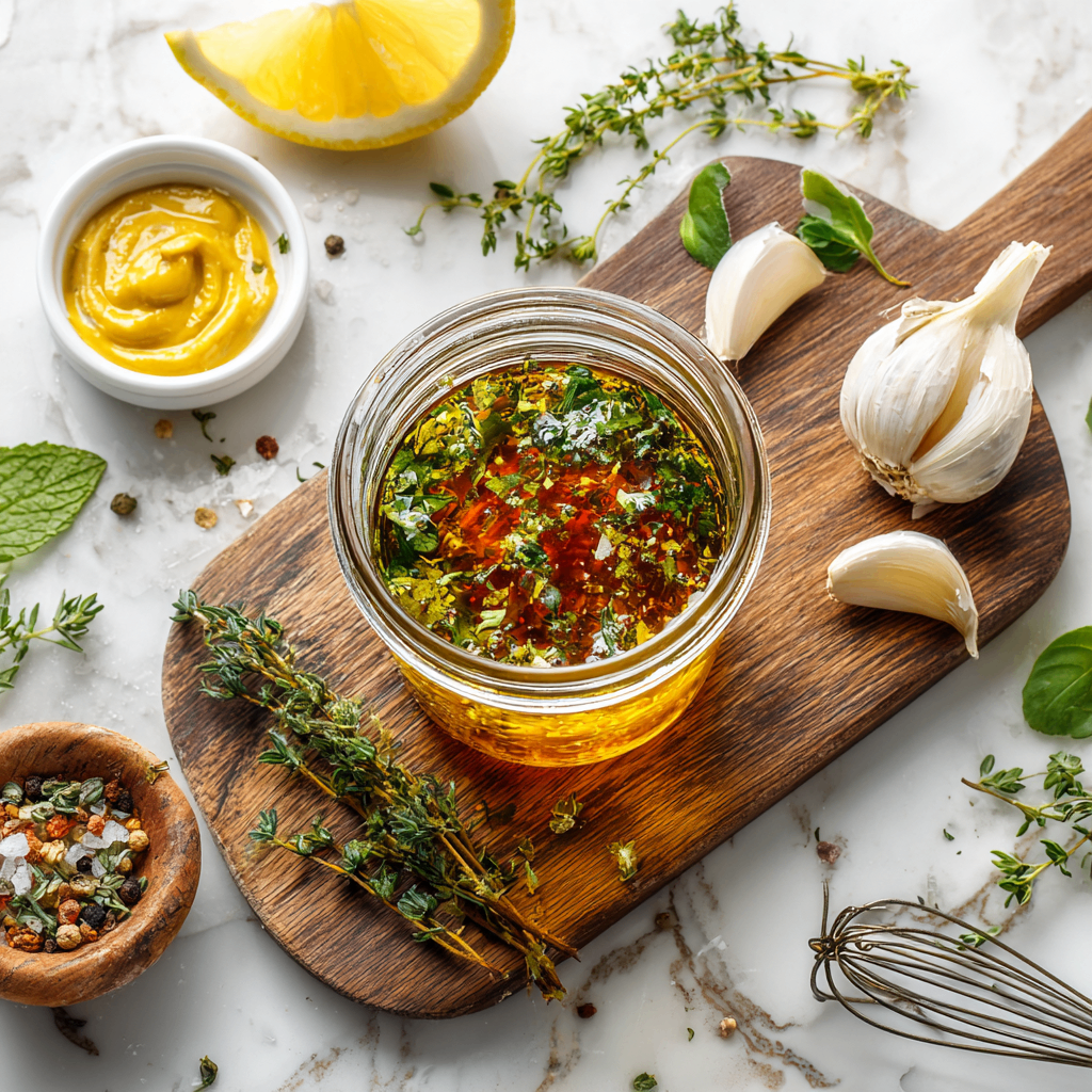 Fresh homemade Greek salad dressing with olive oil and red wine vinegar, perfect for salads and marinades