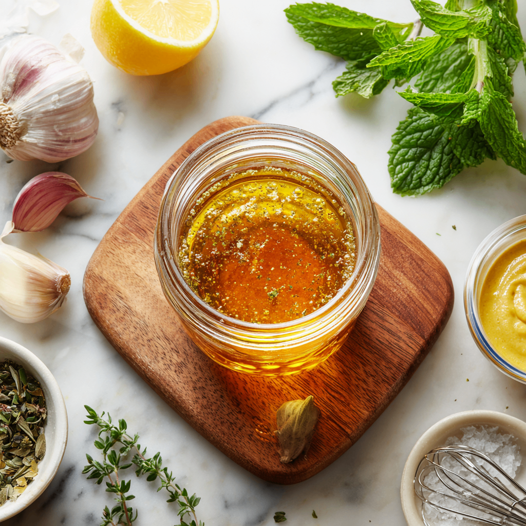 Fresh homemade Greek salad dressing with olive oil and red wine vinegar, perfect for salads and marinades