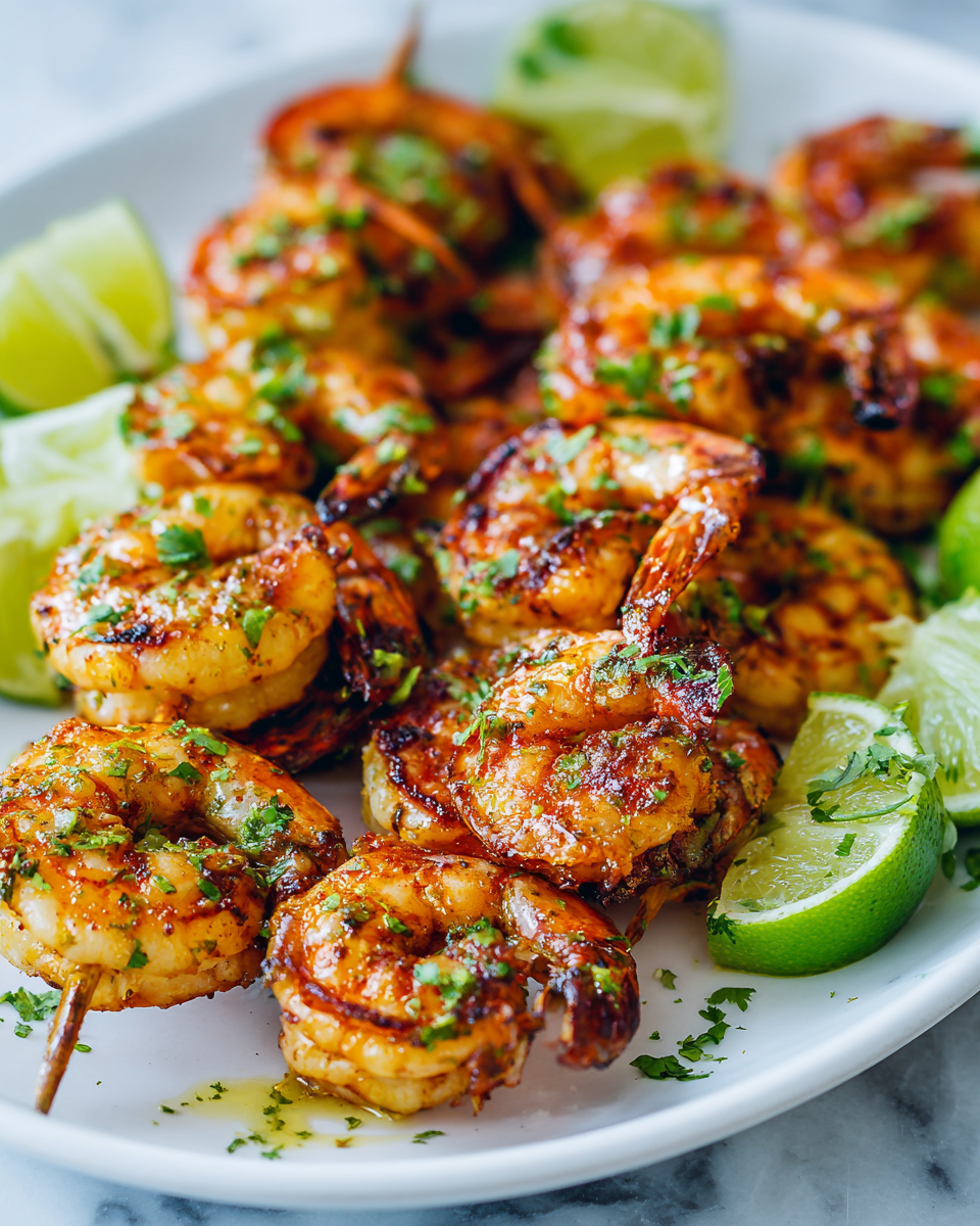 Margarita grilled shrimp skewers bursting with vibrant flavors of tequila and lime, perfect appetizer for gatherings and summer vibes.