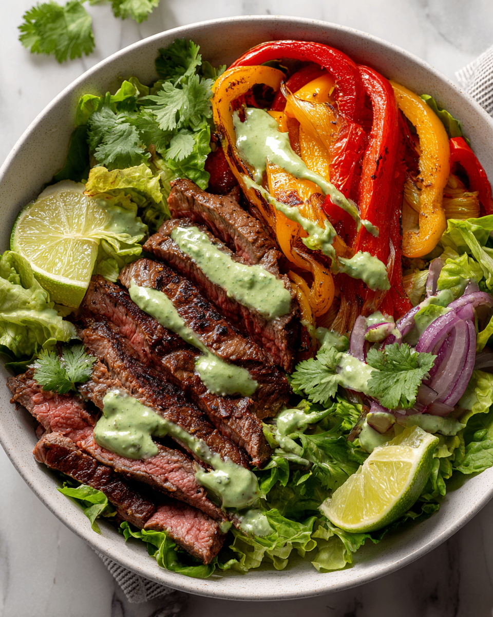 Vibrant steak fajita salad topped with creamy avocado dressing, made with fresh vegetables and marinated flank steak, perfect for festive occasions.