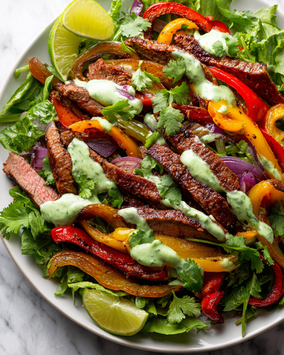 Vibrant steak fajita salad topped with creamy avocado dressing, made with fresh vegetables and marinated flank steak, perfect for festive occasions.