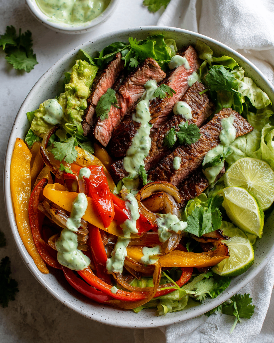 Vibrant steak fajita salad topped with creamy avocado dressing, made with fresh vegetables and marinated flank steak, perfect for festive occasions.