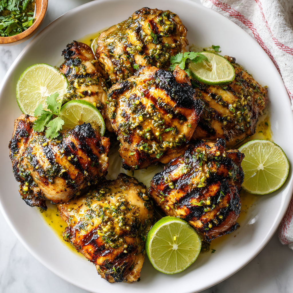 Zesty Grilled Key Lime Chicken for Holiday Gatherings Delicious grilled key lime chicken thighs garnished with fresh cilantro and lime wedges, perfect for festive gatherings.