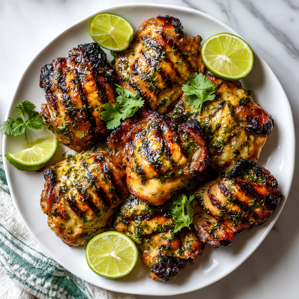 Zesty Grilled Key Lime Chicken for Holiday Gatherings Delicious grilled key lime chicken thighs garnished with fresh cilantro and lime wedges, perfect for festive gatherings.