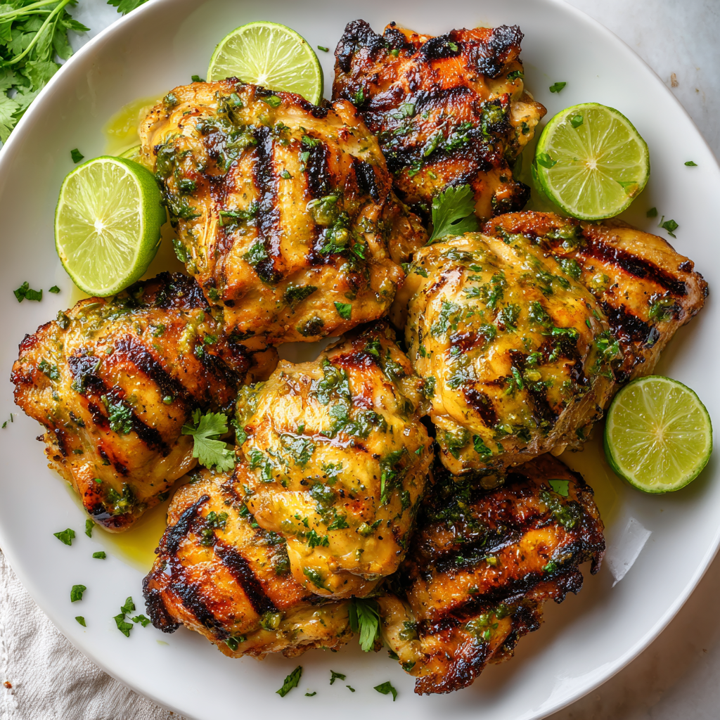 Zesty Grilled Key Lime Chicken for Holiday Gatherings Delicious grilled key lime chicken thighs garnished with fresh cilantro and lime wedges, perfect for festive gatherings.