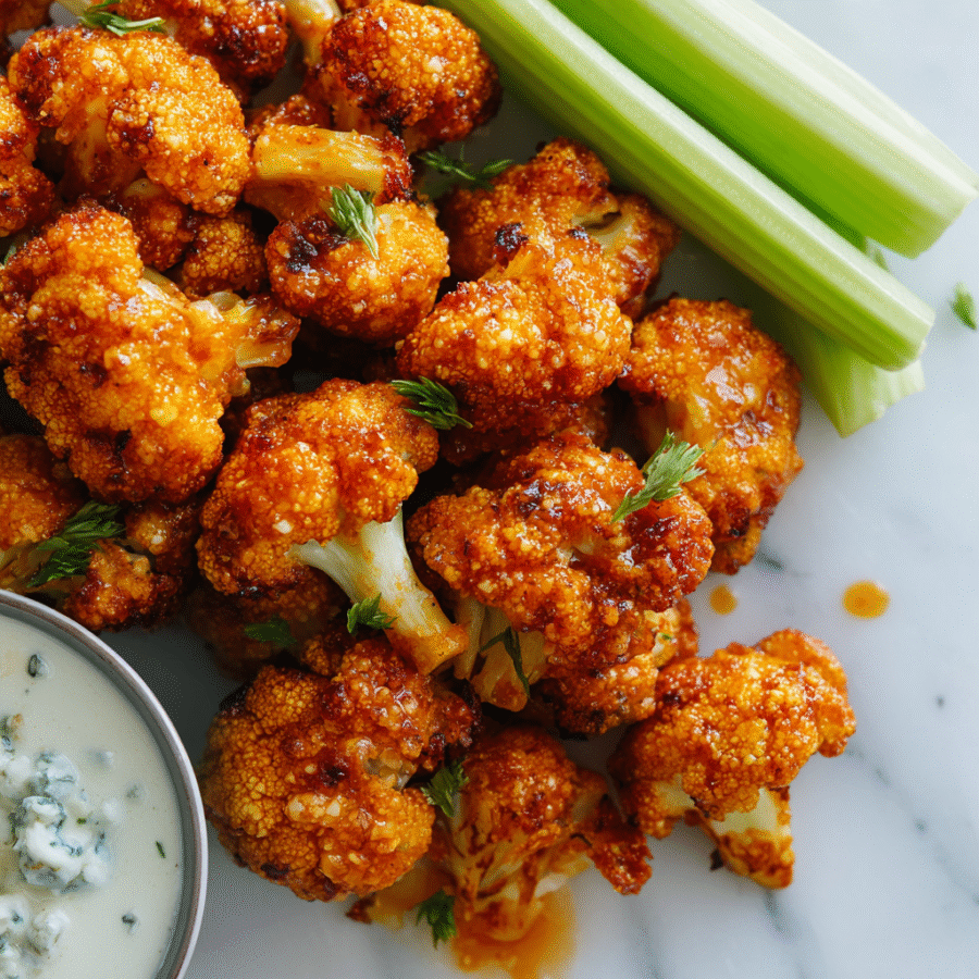 Crispy Buffalo Cauliflower Bites Crispy buffalo cauliflower bites served with ranch dipping sauce, a tasty vegan appetizer for parties.