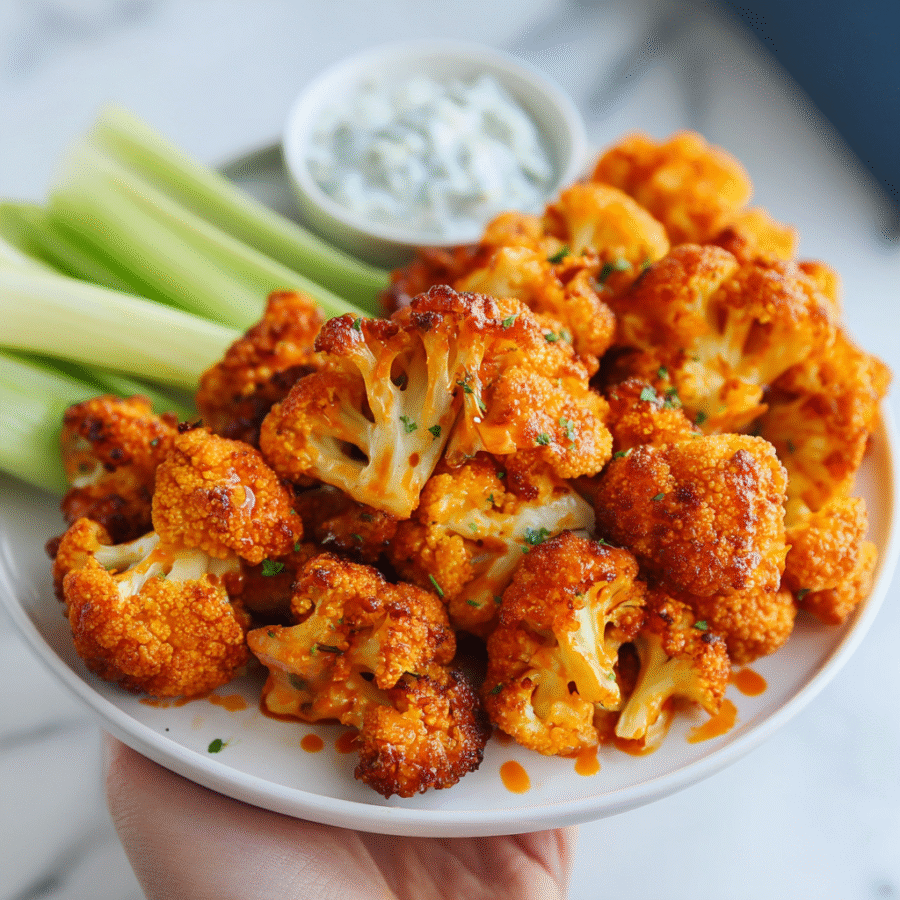 Crispy Buffalo Cauliflower Bites Crispy buffalo cauliflower bites served with ranch dipping sauce, a tasty vegan appetizer for parties.