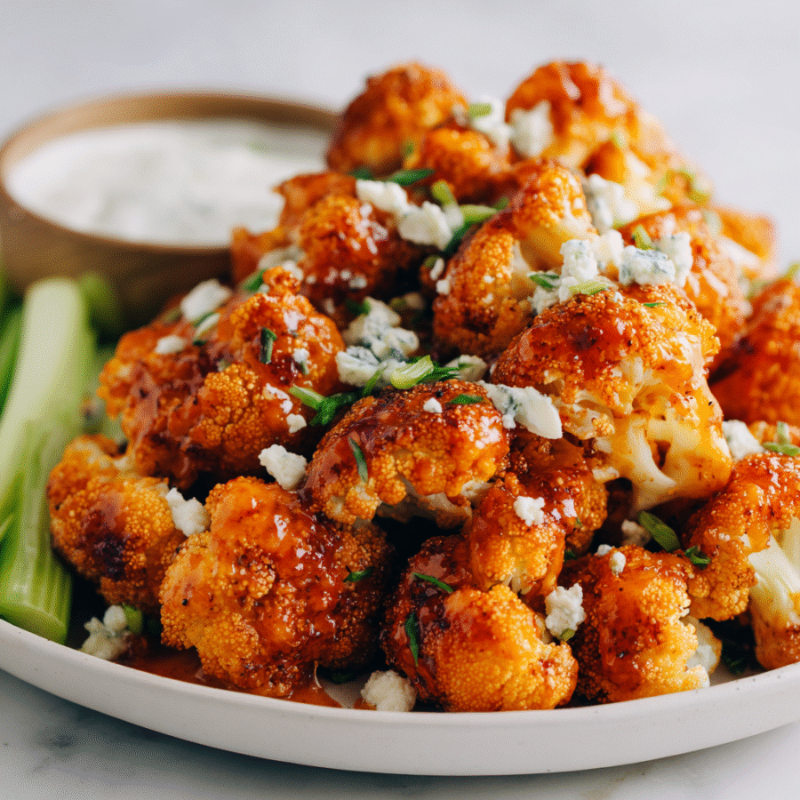 Crispy Buffalo Cauliflower Bites Crispy buffalo cauliflower bites served with ranch dipping sauce, a tasty vegan appetizer for parties.