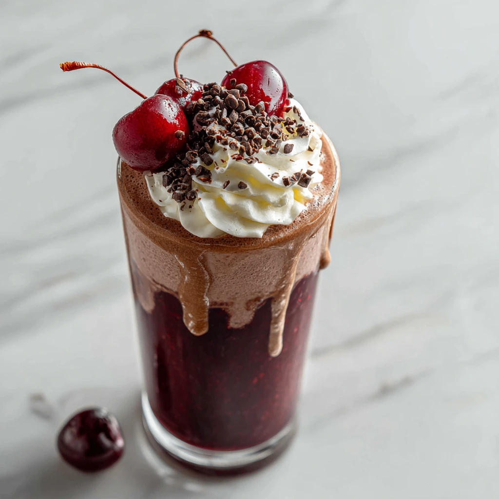 Delicious Chocolate Cherry Smoothie made with frozen cherries, banana, and cocoa powder, perfect for a quick indulgent treat.