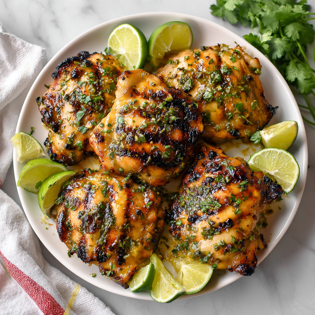 Zesty Grilled Key Lime Chicken for Holiday Gatherings Delicious grilled key lime chicken thighs garnished with fresh cilantro and lime wedges, perfect for festive gatherings.
