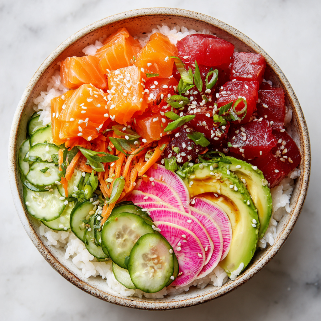 Easy Vibrant Poke Bowl Recipe Vibrant poke bowl with sushi rice, fresh fish, and colorful vegetables.