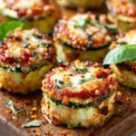 Healthy Zucchini Pizza Bites for Holiday Gatherings Baked zucchini pizza bites topped with marinara and cheese, perfect healthy appetizer for holiday gatherings