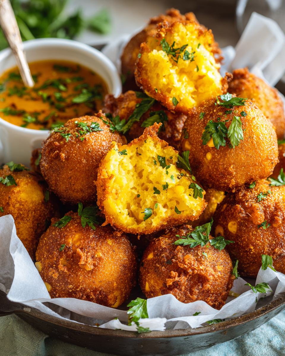 Crispy homemade hush puppies perfect for holiday gatherings, made with cornmeal and served hot as a snack.
