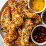 Crispy Garlic Parmesan Chicken Tenders Crispy garlic parmesan chicken tenders garnished with parsley on a plate, showcasing their golden-brown crust and fresh ingredients.