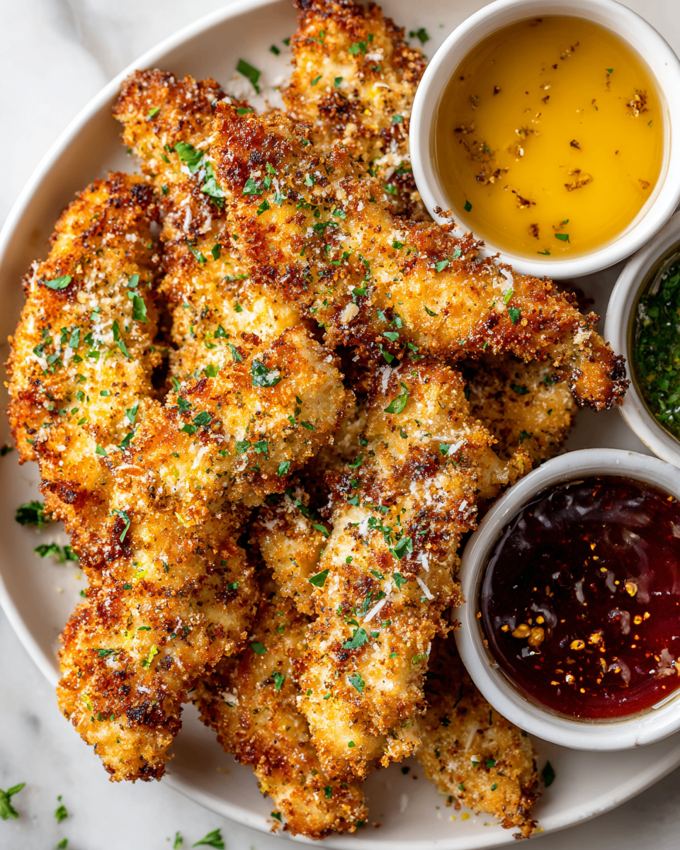 Crispy garlic parmesan chicken tenders garnished with parsley on a plate, showcasing their golden-brown crust and fresh ingredients.