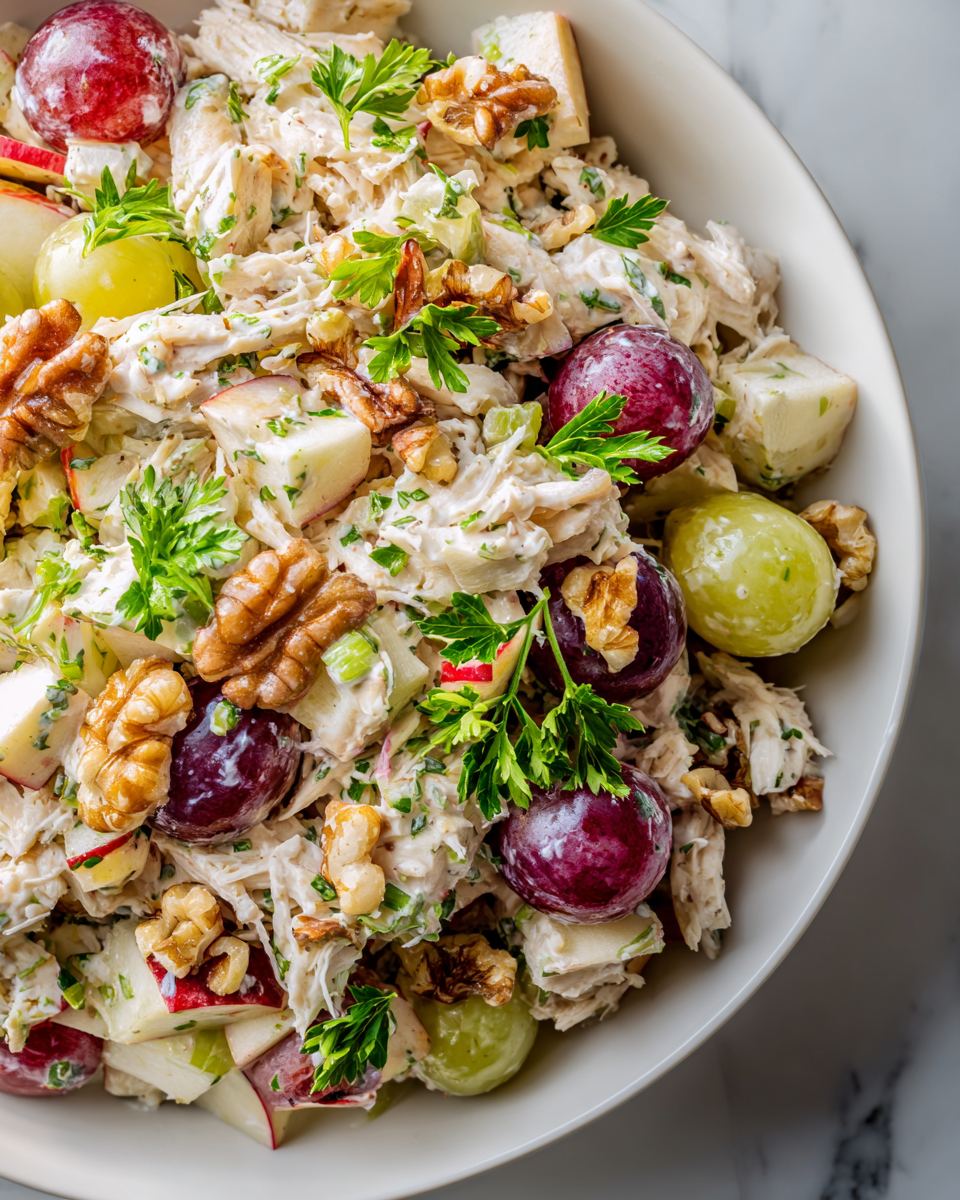 Waldorf Chicken Salad featuring shredded chicken, apples, grapes, walnuts, and creamy dressing, a perfect dish for holiday gatherings.