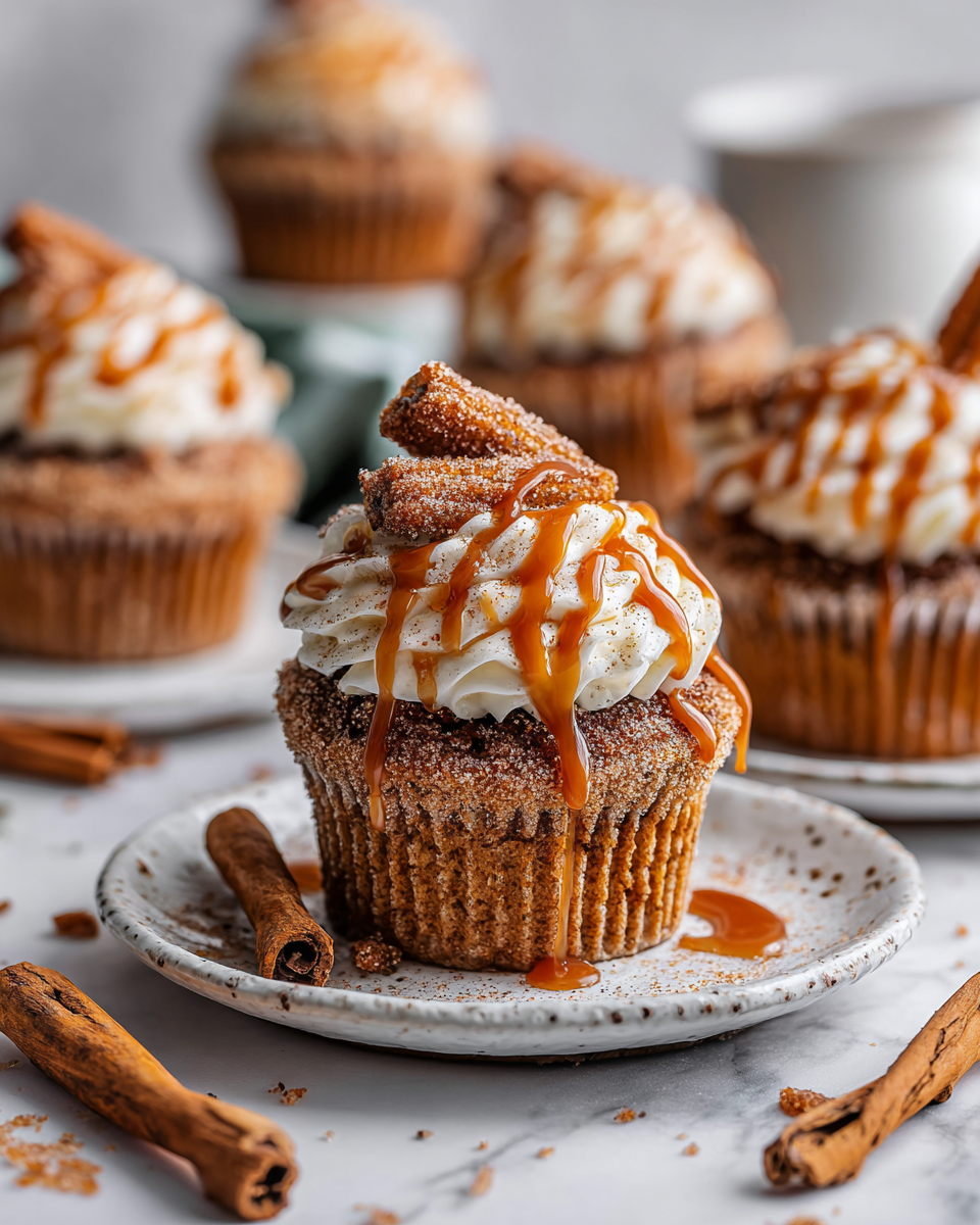 Churro cupcakes topped with cinnamon-sugar and cream cheese frosting, perfect festive dessert for holiday gatherings.