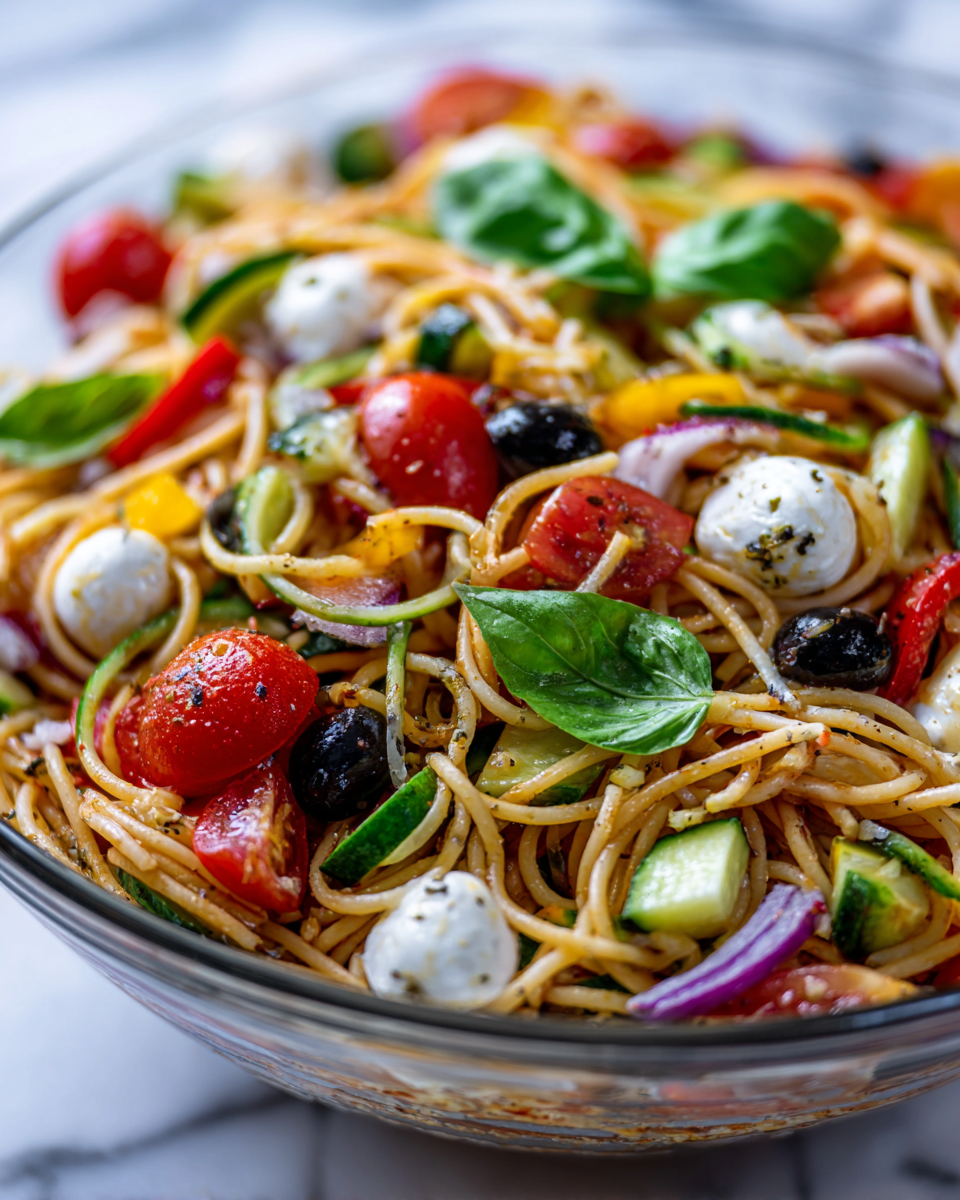 Vibrant Italian Spaghetti Salad with fresh vegetables and Italian dressing, perfect for potlucks and holiday gatherings.