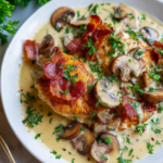 Creamy Bacon Mushroom Thyme Chicken: Cozy Delight Creamy Bacon Mushroom Thyme Chicken in a skillet, a warm and cozy dish perfect for fall evenings.