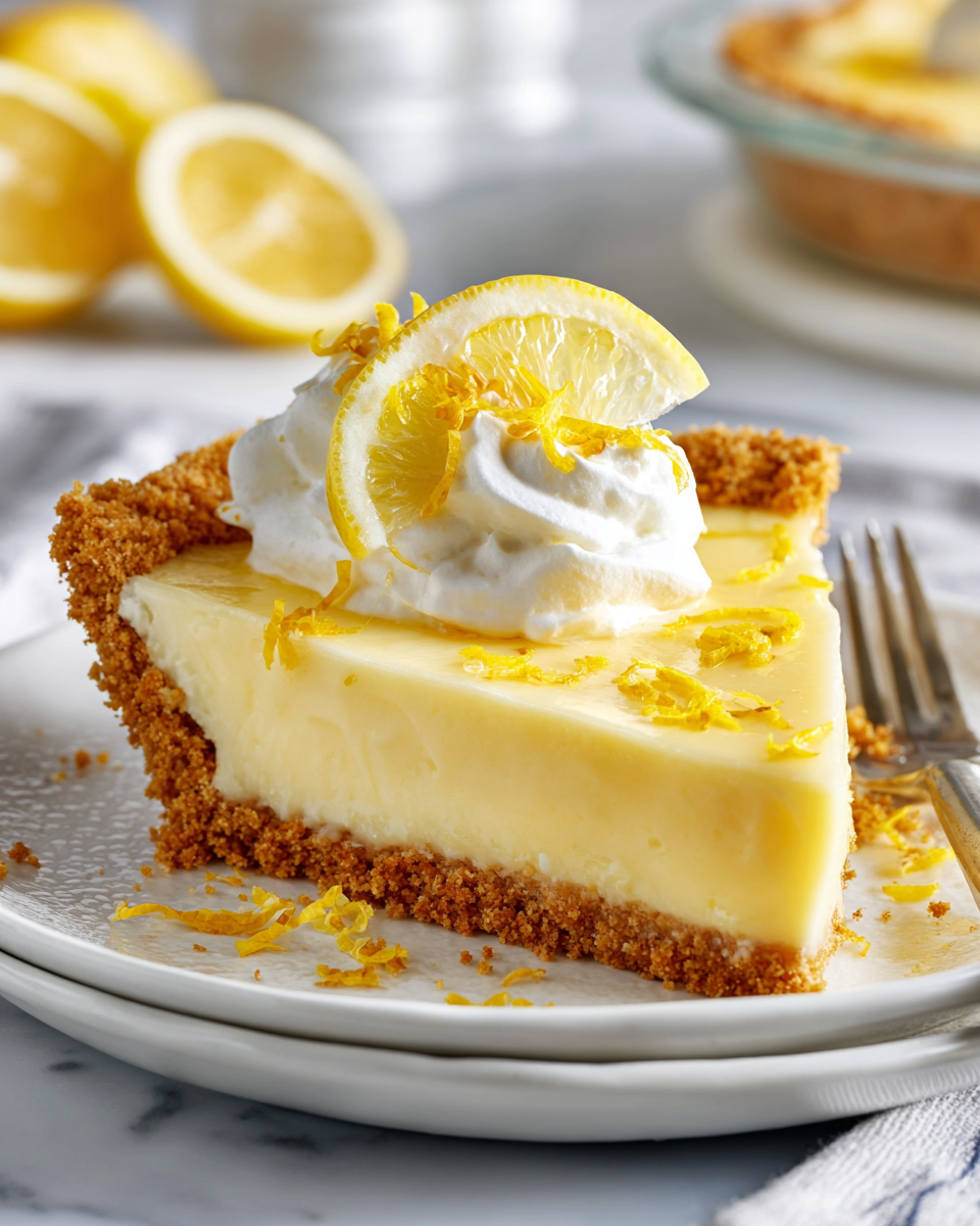 Easy Lemon Pudding Pie with creamy lemon filling, buttery crust, chilled dessert for holidays, perfect pie recipe for festive gatherings.