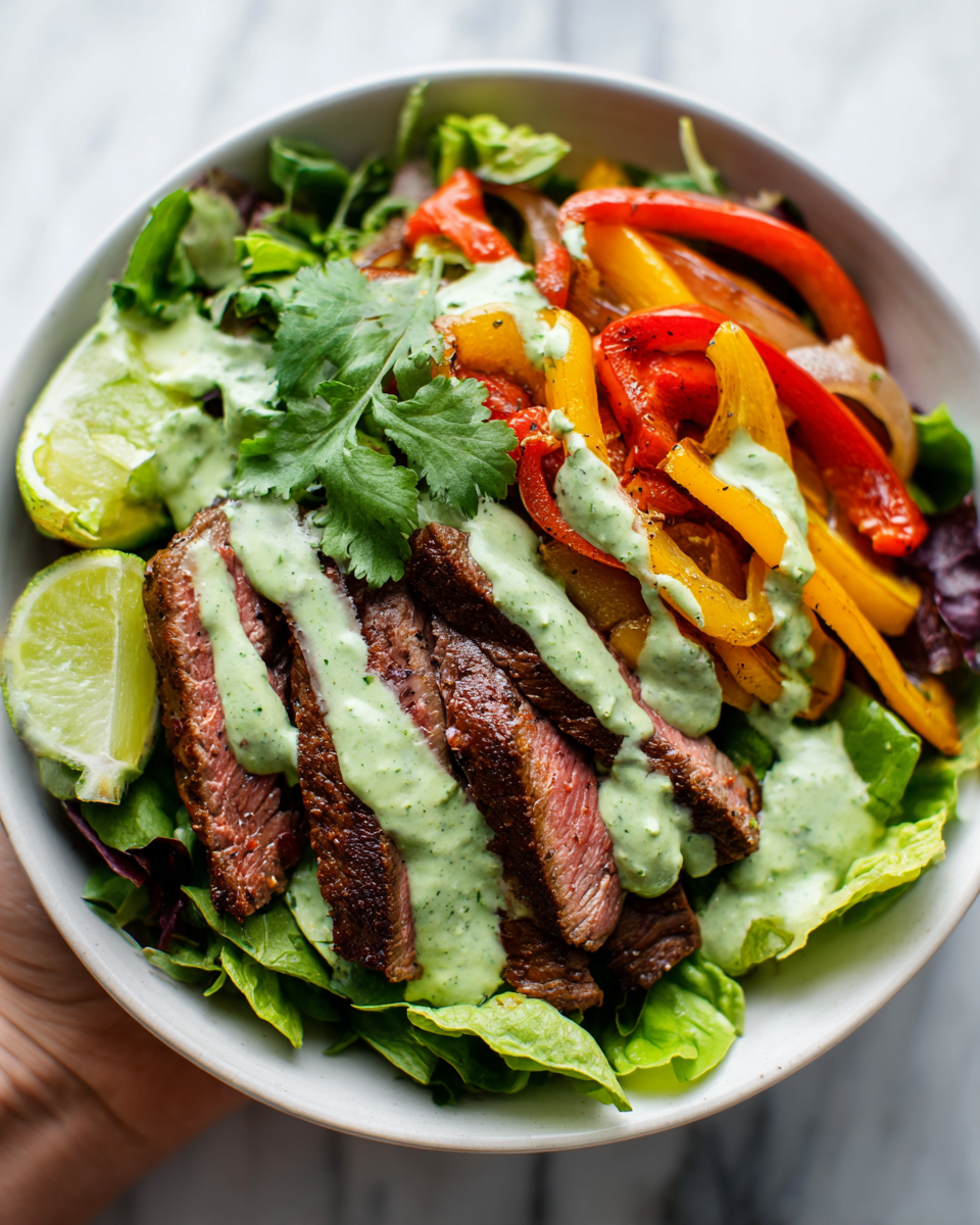 Vibrant steak fajita salad topped with creamy avocado dressing, made with fresh vegetables and marinated flank steak, perfect for festive occasions.