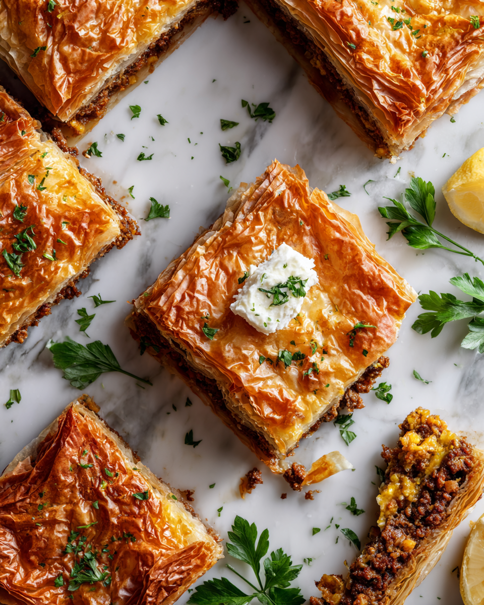 Savory Greek Phyllo Meat Pie with flaky layers and spicy filling, perfect for festive gatherings, easy recipe for the holidays.