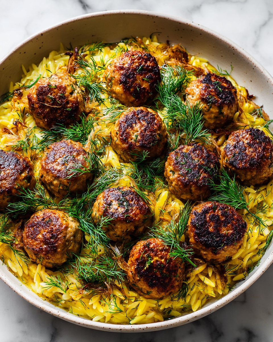 Greek chicken meatballs with lemon orzo, a comforting holiday dish, featuring savory meatballs and zesty orzo pasta, perfect for cozy gatherings.