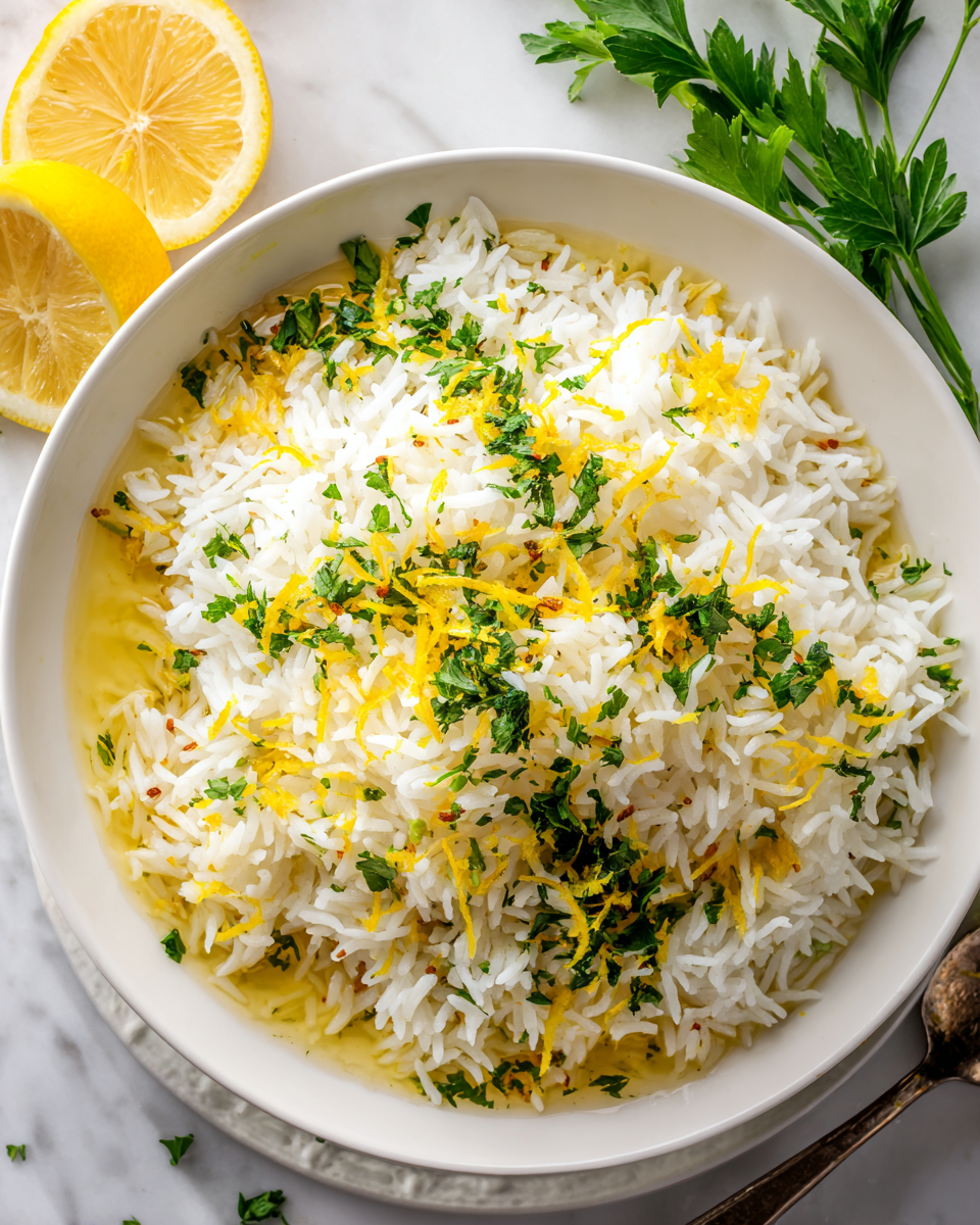 Easy Greek Lemon Rice, a vibrant and comforting side dish recipe perfect for holidays, featuring creamy rice, lemon zest, and fresh herbs.