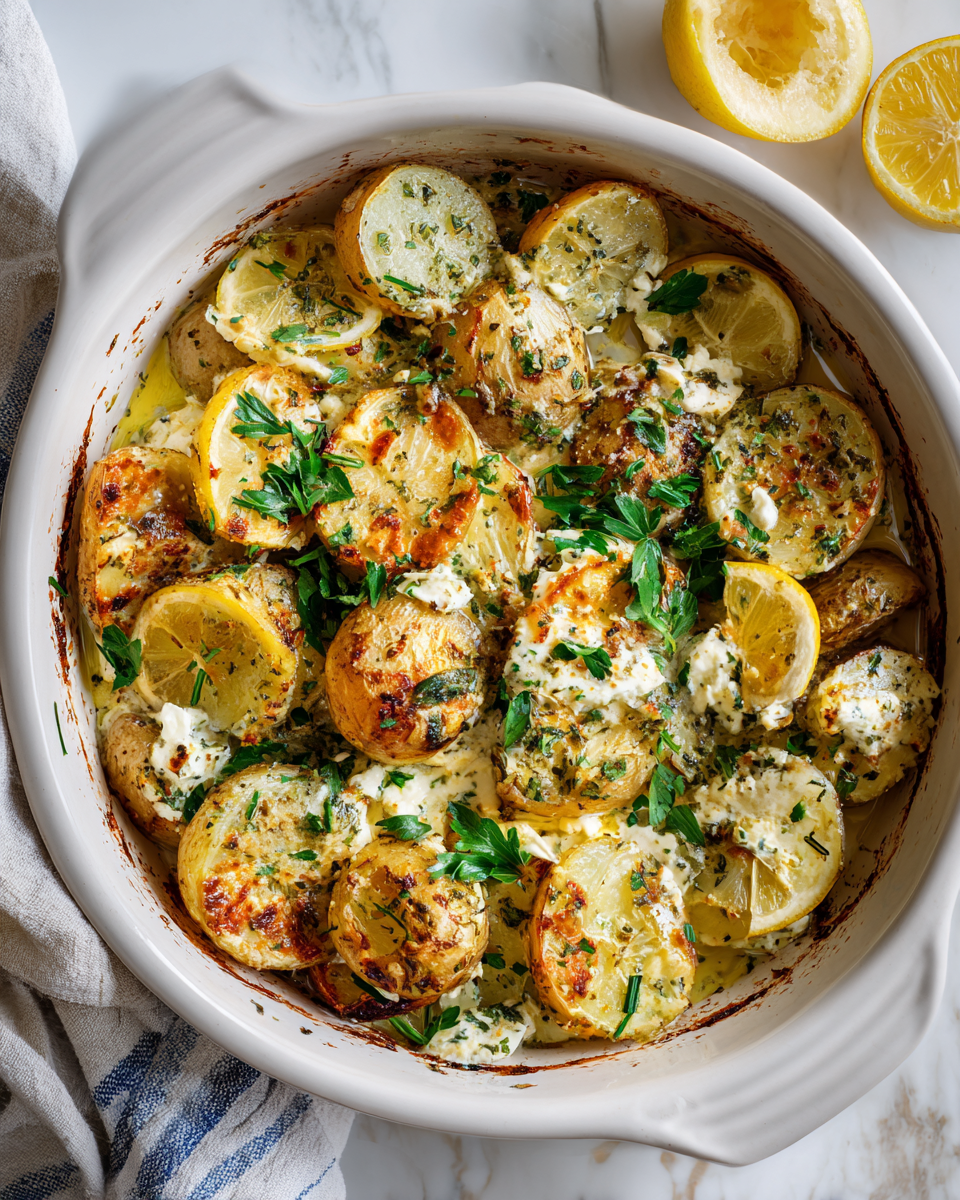 Delicious baked feta potatoes with creamy feta and tender Yukon Gold, perfect for cozy gatherings and festive meals.