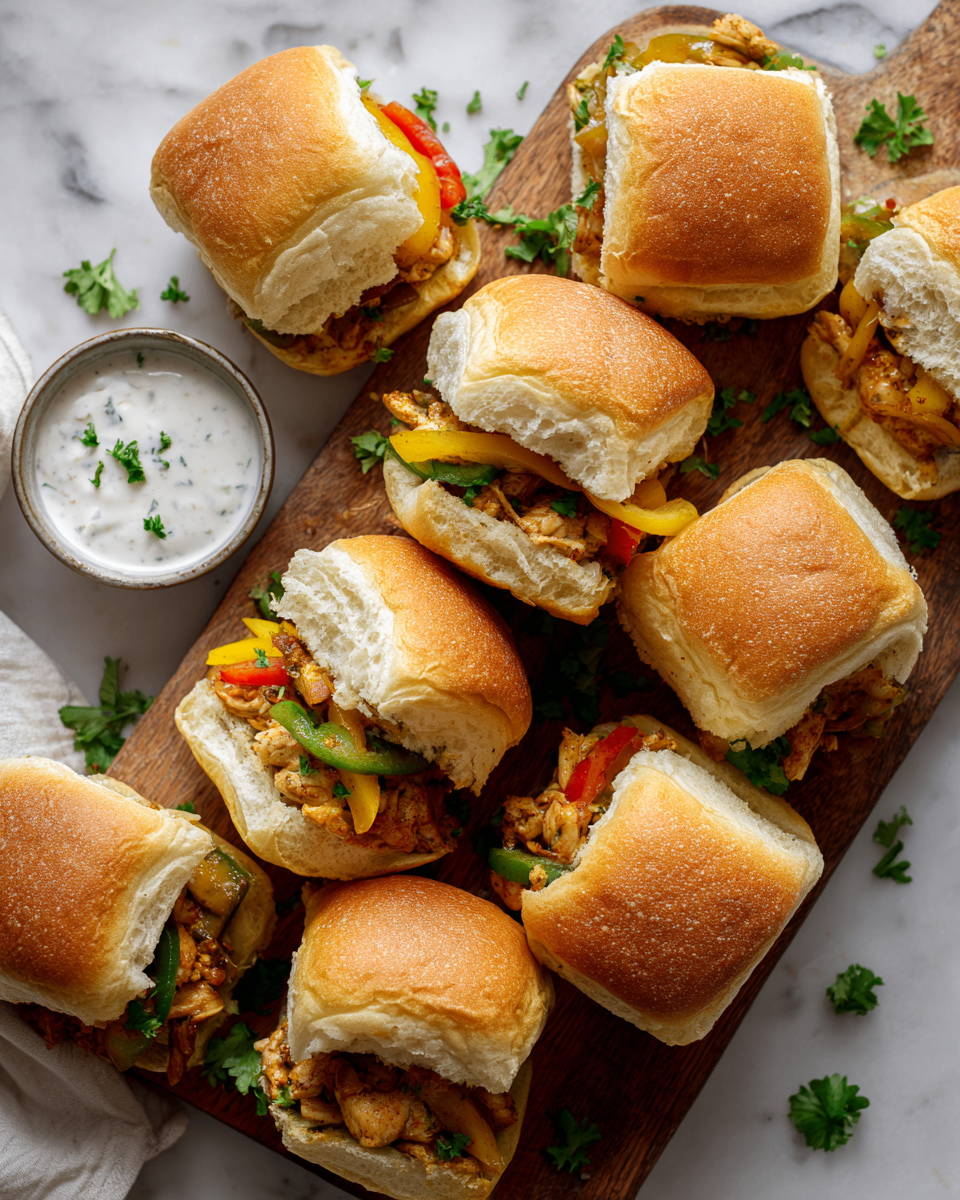 Delicious Chicken Philly Sliders filled with chicken, creamy cheese, and sautéed veggies, perfect for holiday gatherings.