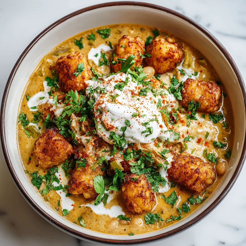 Super Creamy White Chicken Chili with Tots Super Creamy White Chicken Chili with Tots