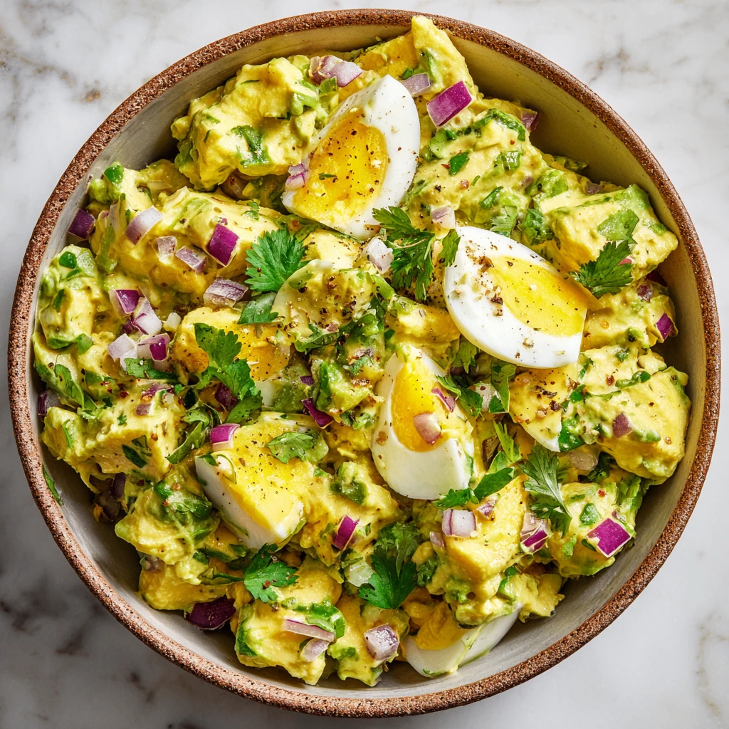 Creamy avocado egg salad recipe with boiled eggs, fresh herbs, and vegetables, perfect for healthy appetizers or light meals.