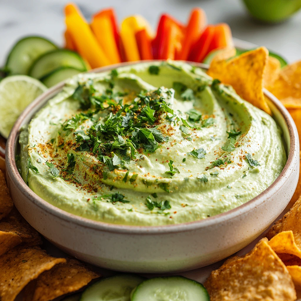 Creamy avocado yogurt dip served with fresh veggies and tortilla chips, perfect for gatherings and healthy snacking.